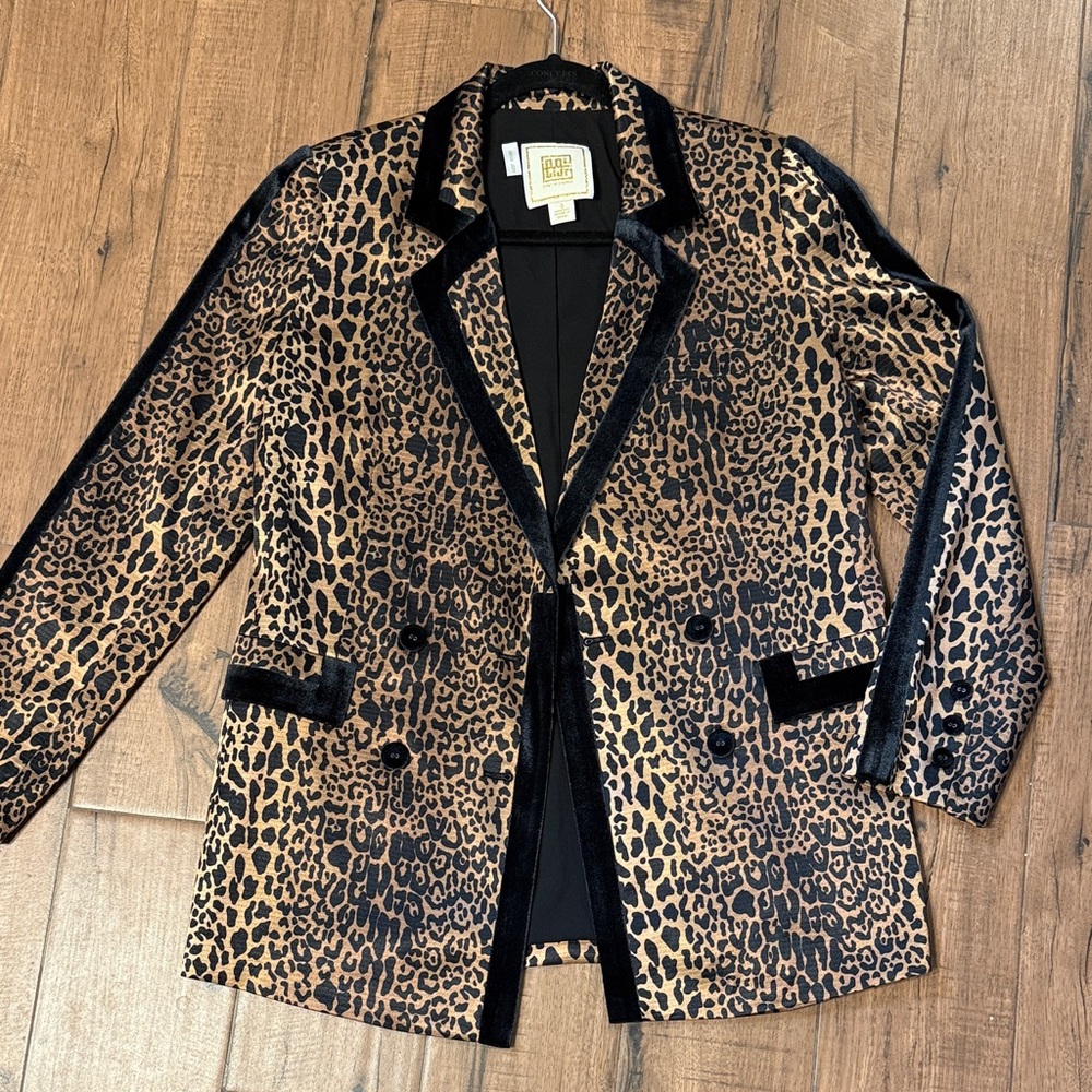 Leopard Print Velvet-Trim Blazer Jacket - Brown/Black
